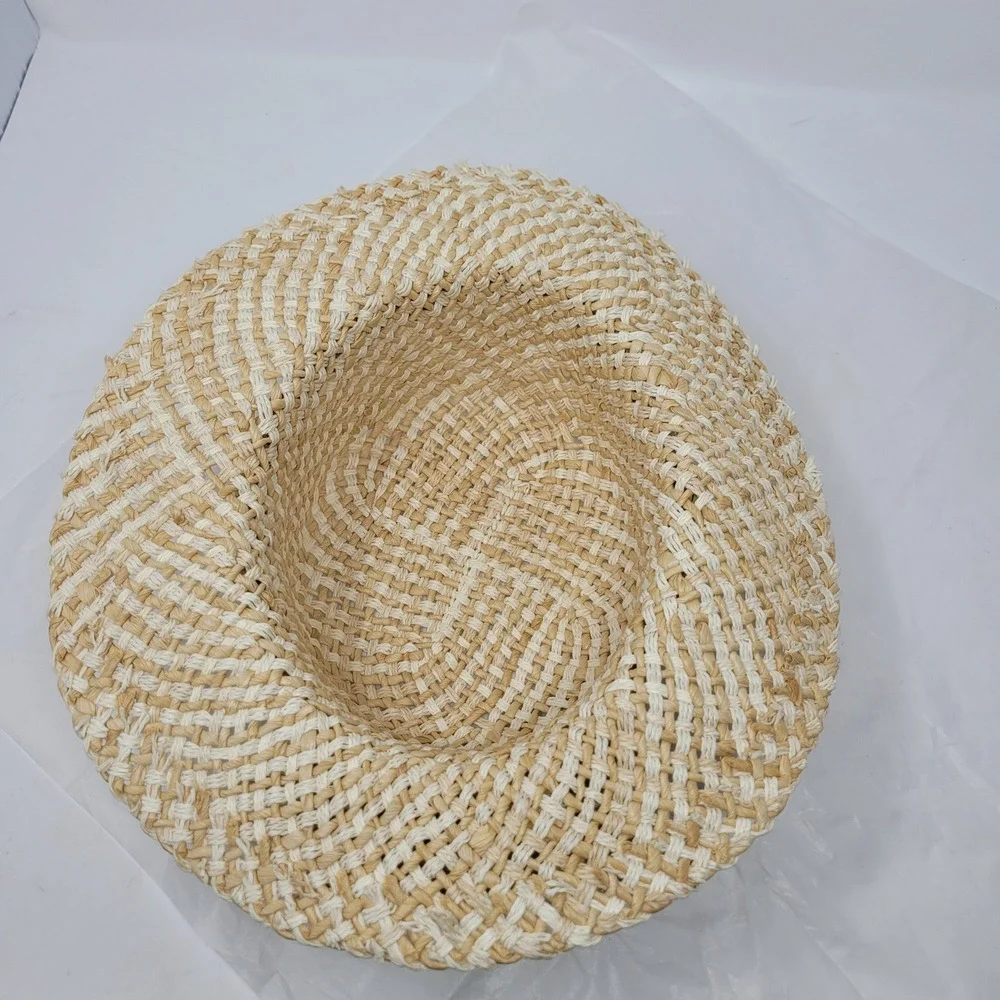 Vtg Cottage Core Straw Weaved Sun Hat Cream Beige Checked‎ Burlap Flower Braided